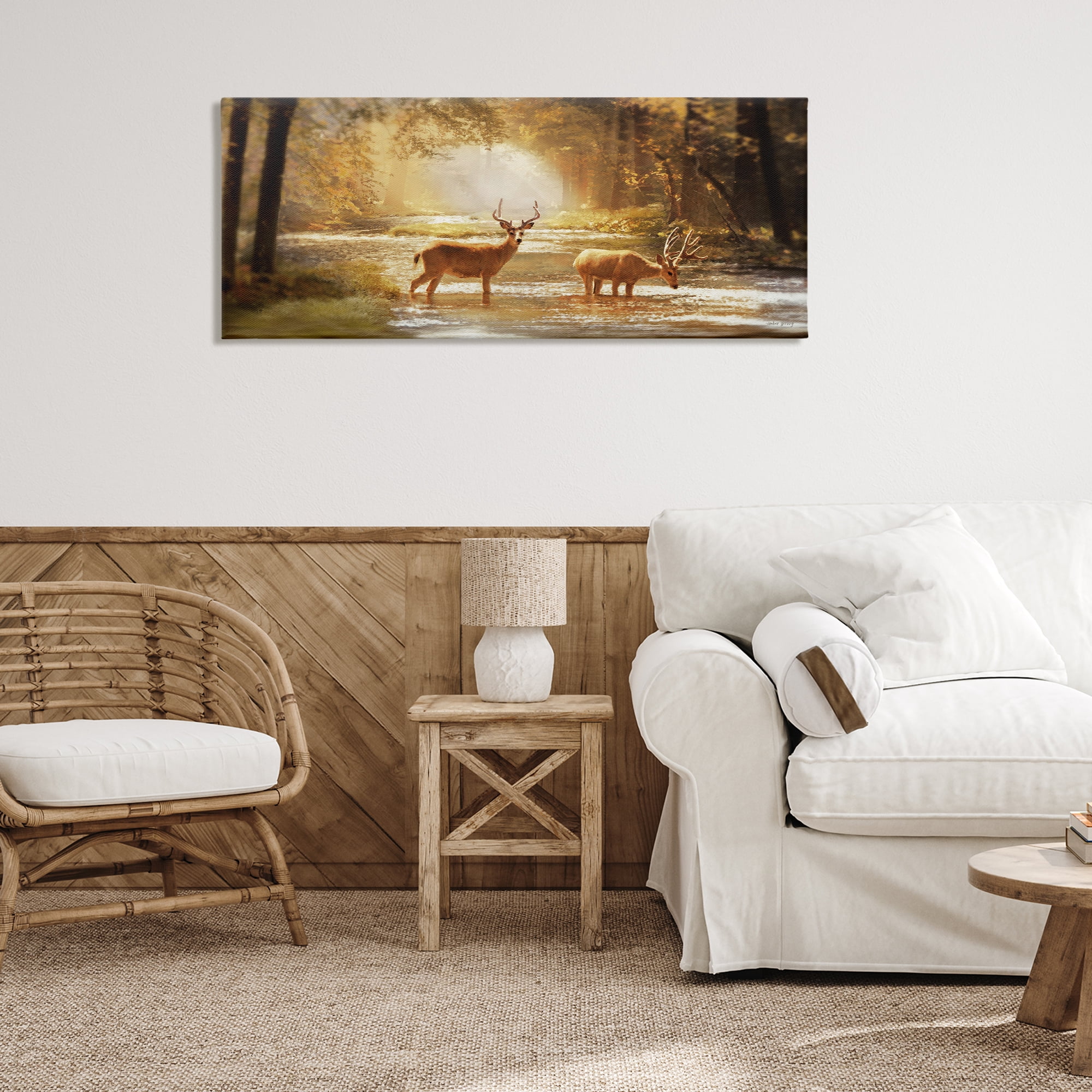 Stupell Industries Deer in Sunlit Grove Landscape Painting Gallery Wrapped Canvas Art Print Wall Art, 48 x 20