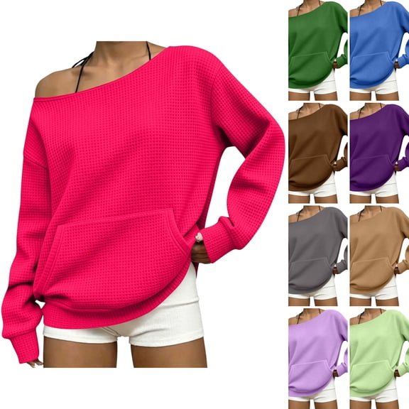 WULMLEO Oversized Sweatshirts for Women Waffle Knit Fall Long Sleeve Off Shoulder Shirts Casual Soft Comfort Tops Oversized Athletic Pullover with Big Pockets Hot Pink M