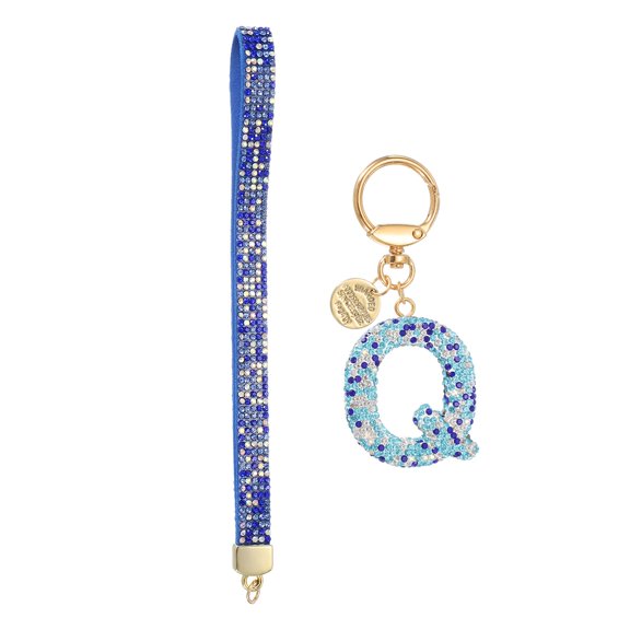 Initial Letter Keychain for Women, Rhinestone Alphabet Q Key Chain Sparkly Keychain Charm with Heart for Backpack Handbag Car Key Accessories Lanyard, Blue