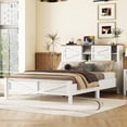 thumbnail image 3 of Farmhouse Rustic Wood Queen Platform Bed with Bookcase Headboard, Charging Station and Double Sliding Barn Door, Wood Slats Support (Queen Bed, White+Brown), 3 of 10