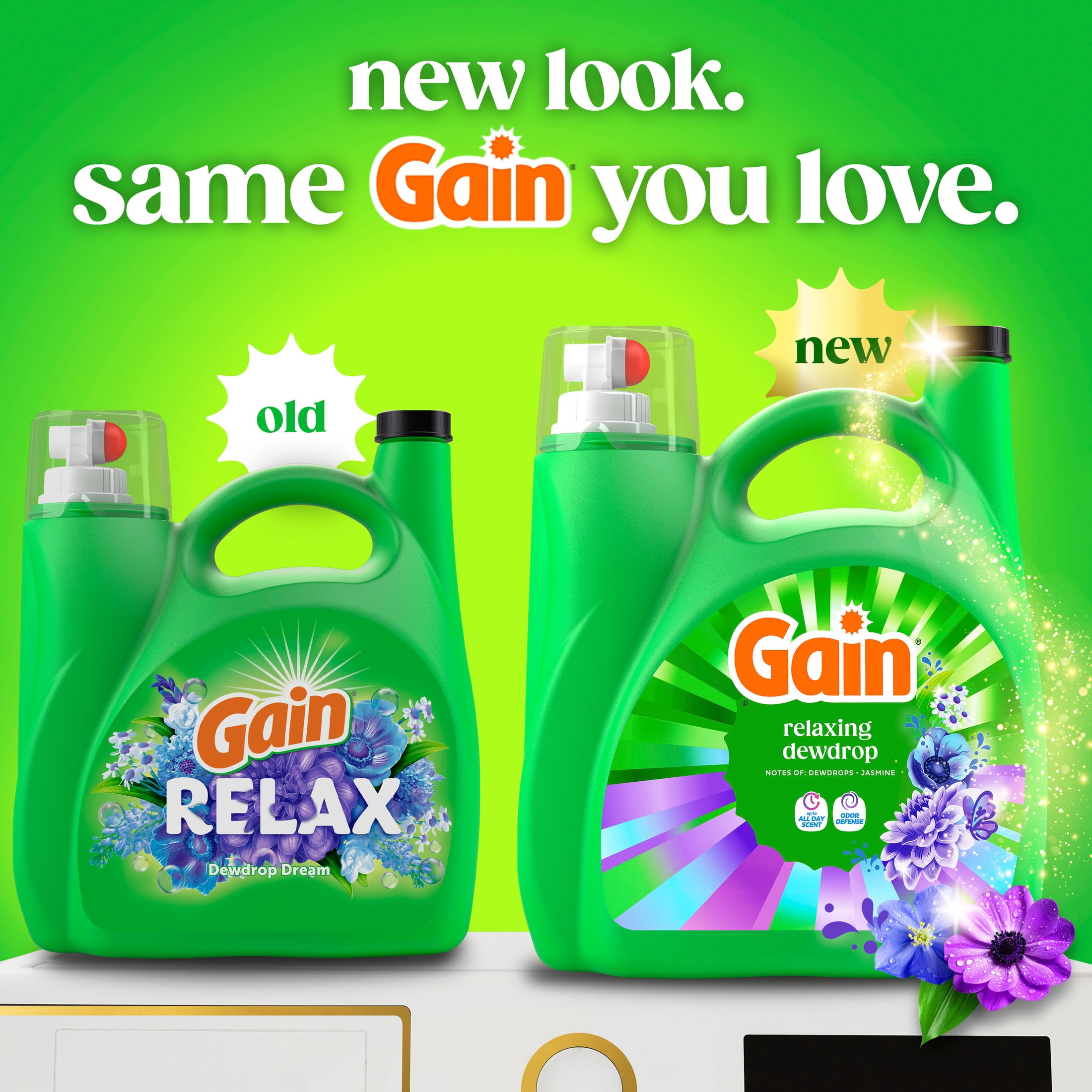 (4 pack) Gain Laundry Detergent Liquid, Now with Odor Defense, Relaxing Dewdrop Scent, 132 fl oz, 100 Loads