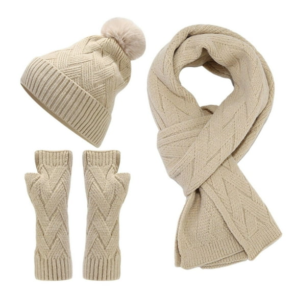 Prolriy Set Beanies Hats Men Women Scarf Gloves Hat Set for Teen Girls Women&Men Autumn Winter Warm Wool Hat Scarf Gloves Three Pieces Scarf for Women Beige
