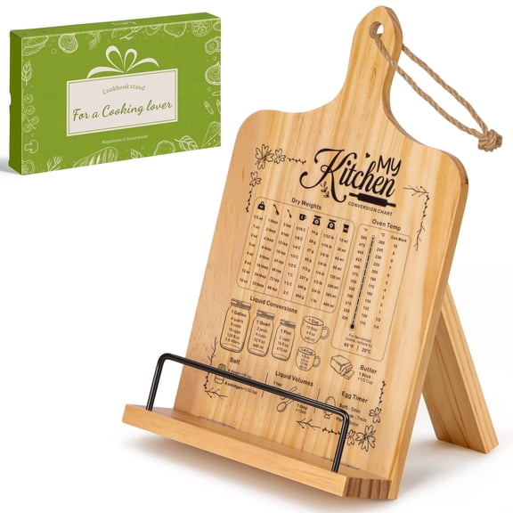 PUERSI Cook Book Stand for Kitchen Counter, Wooden Recipe Book Holder with Measurement Conversion Chart, Adjustable Cookbook Stand, Kitchen Gifts for Cooking Lovers