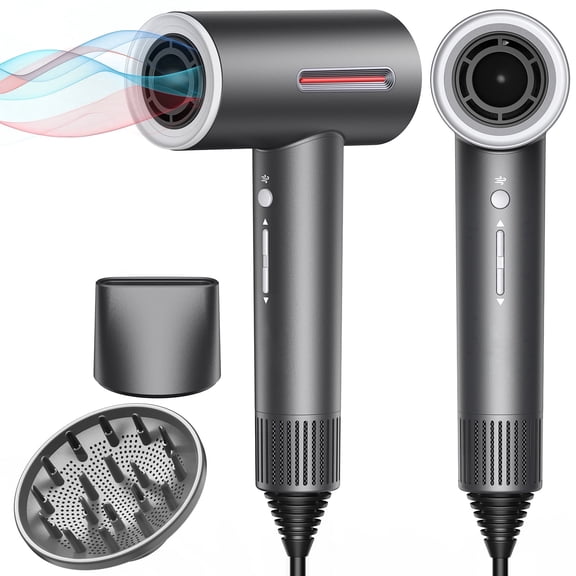 CISOOTI Professional High-Speed Hair Dryer Gray, Brushless Motor Fast Drying, Negative Ions Frizz Control, 4 Heat 2 Speed with Diffuser Concentrator