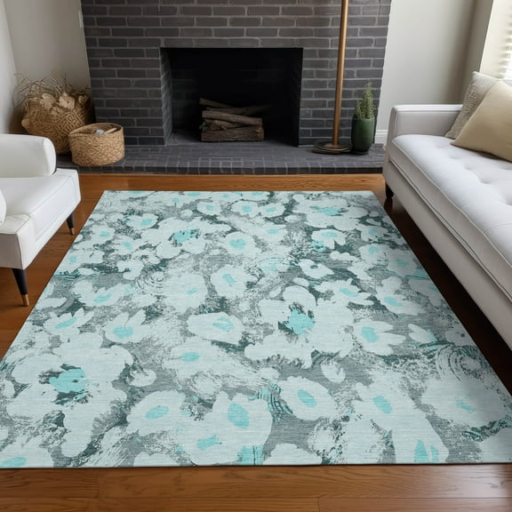 Addison Rugs Chantille Indoor/Outdoor Transitional Floral Teal Washable Rectangle Rug, 9' x 12'