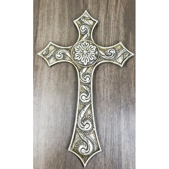 Rustic Western Silver Concho With Ornate Shell Pattern Wall Cross Decor Plaque
