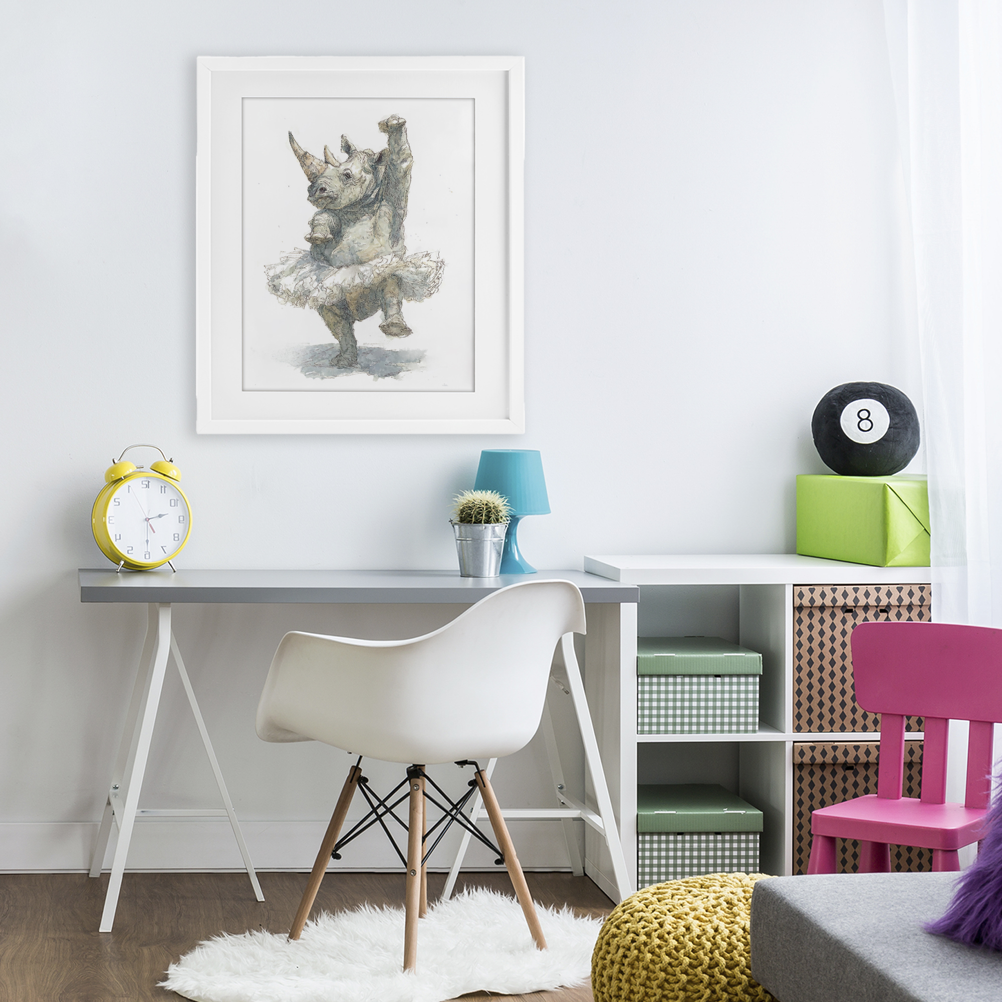 Ballet Rhino Tutu White Framed Print Under Glass, design by Ziwei Li