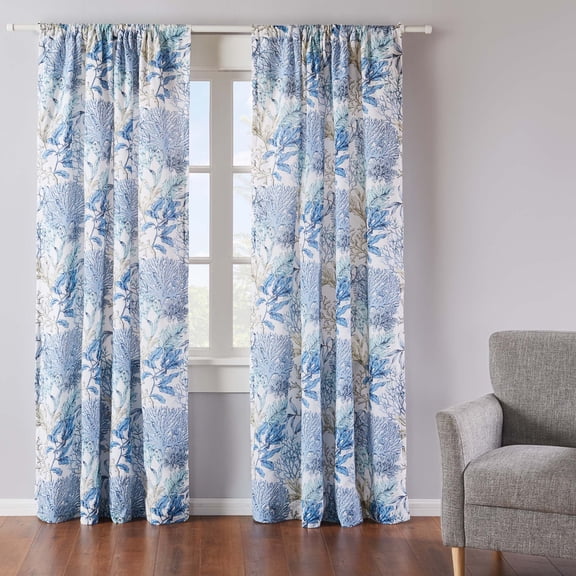 Levtex Home - Mahina - Drape Panel/Curtain (55x84in.) with Rod Pocket - Aquatic Plants - Coastal - Taupe, Blue and White - Cotton Fabric