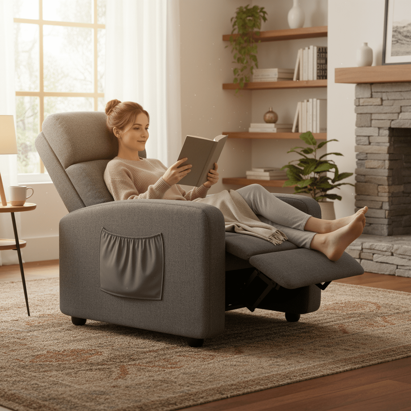 TLSUNNY Recliner Chair with Side Pocket, Adjustable Backrest & Footrest Linen Fabric Sofa, for Living Room,Home Theater