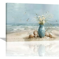 Beach Wall Art Ocean Floral Pictures Wall Decor Coastal Seascape Seaside Large Master Over Above Bed Canvas Prints Horizontal Framed Artwork Paintings Home Office Decorations For Living Room 16"x12"