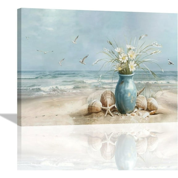 Beach Wall Art Ocean Floral Pictures Wall Decor Coastal Seascape Seaside Large Master Over Above Bed Canvas Prints Horizontal Framed Artwork Paintings Home Office Decorations For Living Room 16"x12"