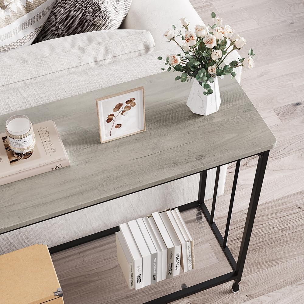 Console Table, Sofa Tables Narrow Entryway Table with Glass Shelf and Metal Frame, 33.5" Behind Couch Table Industrial Hallway Table for Living Room, Foyer, Bedroom, Rustic Grey