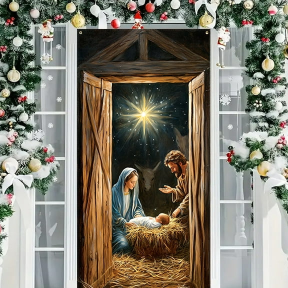 Christmas Decorations Door Cover, Religious The Nativity Of Jesus Christmas Door Sign Banner, Fabric Xmas Hanging Party Decorations Backdrop for Outdoor Indoor Home Yard Garden 71 x 35 Inch