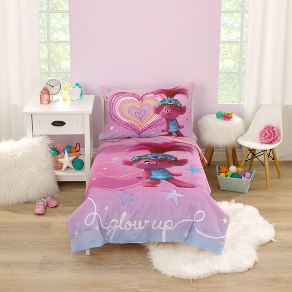 DreamWorks Trolls Glow Up 4 Piece Toddler Bedding, Comforter, Fitted Sheet, Top Sheet, Pillowcase, Pink