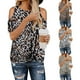 thumbnail image 2 of Camiseta para mujer con estampado de leopardo, blusas casuales de manga corta con hombros descubiertos, camuflaje (l) Feliz Sencillez, 2 of 3