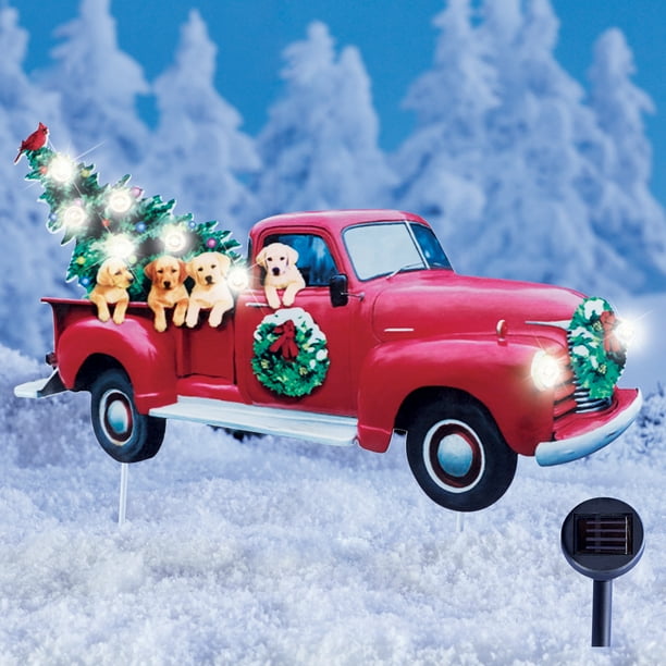 Solar Red Holiday Truck and Puppies Metal Yard Stake Outdoor Seasonal