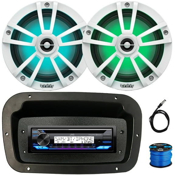 JVC KD-T92MBS Single-DIN Marine Bluetooth USB/AUX CD Player AM/FM Stereo Receiver W/Spa Bezel   Adapter Plate, 2x 6.5" 225W Max Power Coaxial Waterproof White Boat RGB LED Speakers W/Wire, Antenna