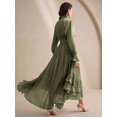 thumbnail image 2 of High-Neck Long Sleeve Pleated Ruffle Hem Maxi Dress In Olive Green, 2 of 26