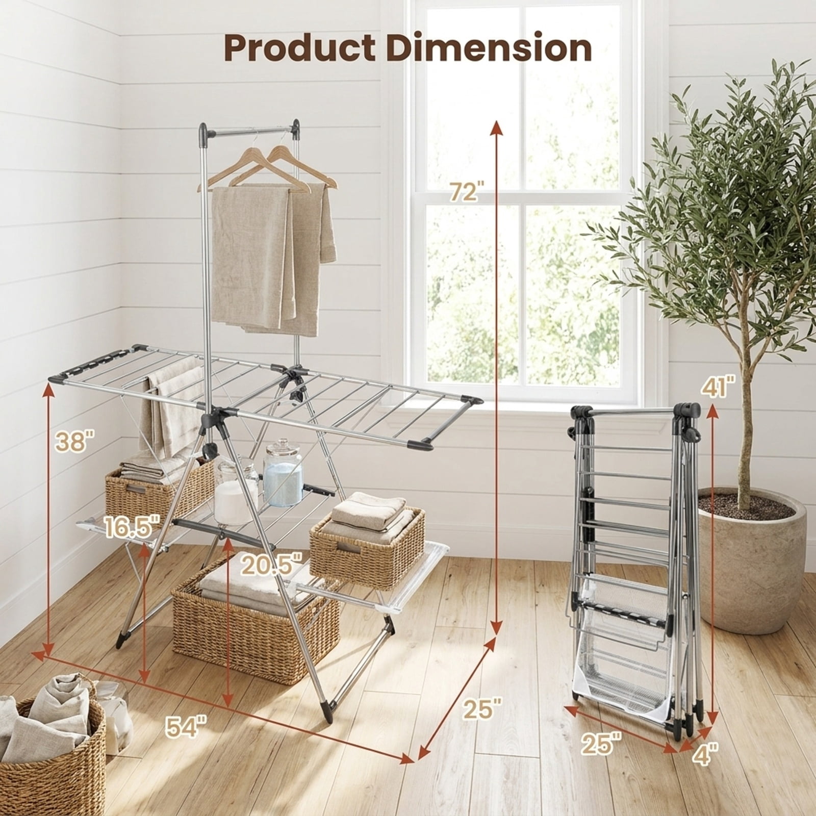 Vebreda Large Foldable Clothes Drying Rack with Tall Hanging Bar, Smart Drying Solution, Height Adjustable Gullwing, Superior Stainless Steel