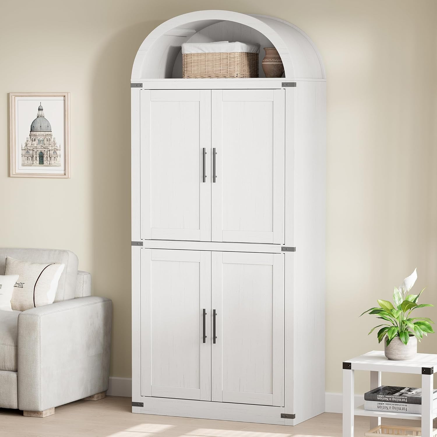 Memoryfield 72" Tall Arched Bookcase with Doors, 5 Tier Display Bookshelf Storage Cabinet, Modern Floor Standing Organizer for Home Office Living Room, White