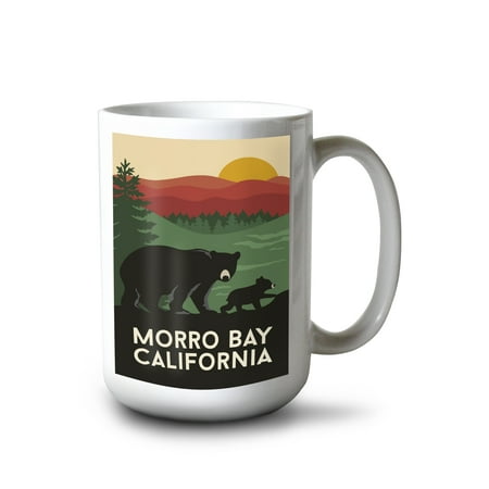

15 fl oz Ceramic Mug Morro Bay California Bear and Cub Vector Syle Dishwasher & Microwave Safe
