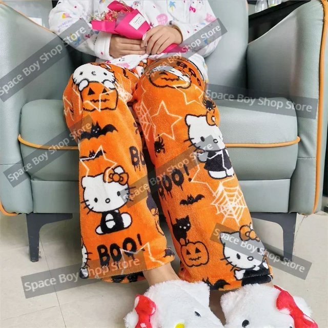 Halloween épaissir Hello Kitty pyjama pantalon Sanrio Anime polaire Double tissu élastique doux femmes pantalon dessin animé cadeau d'anniversaire
