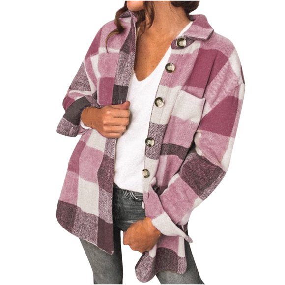 UPPADA Flannel Shirts for Women Casual Plaid Dressy Tops Long Sleeve Button Down Shirts Curved Hem Blouses with Pockets Red,XL