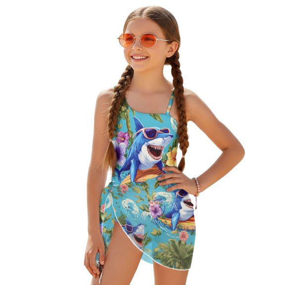 POLERO Tropical Surfing Shark One-Piece Swimsuit with Mesh Cover Skirt - Cute Quick-Dry Swimwear for 7-18 Year Old Girls, Beach & Pool Vacation Essential