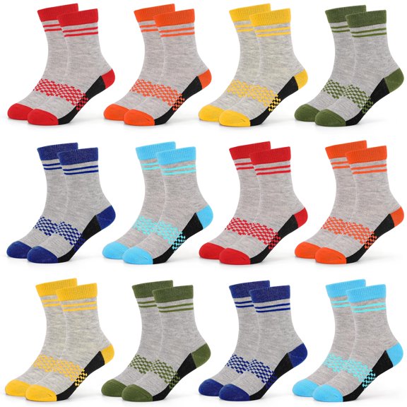 Kid's Mid-calf Socks, 12 Pairs of Comfortable and Stylish Patchwork Colour Socks for Boys and Girls 2-13 Years Old