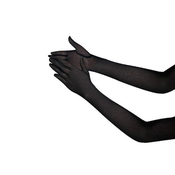 Guantes extra largos de tul para mujer, de malla de encaje elástico negro, translúcidos, para cenas de Halloween