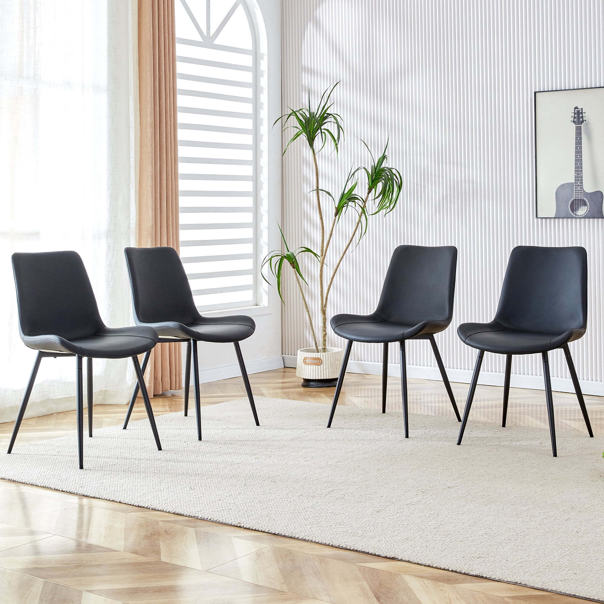 TesNus Dining Chair Set of 4 Black PU Leather Wide Seat Metal Legs for Dining Room Kitchen