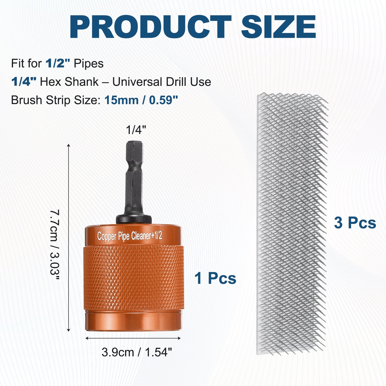 Uxcell 1/2" 1/4" Metal Copper Pipe Cleaner Set, Hex Shank Drill Powered Pipe Brush Replacement Plumbing Tools with 3 Brushes for Removing Dust Rust Copper Various Metal Pipes, Orange
