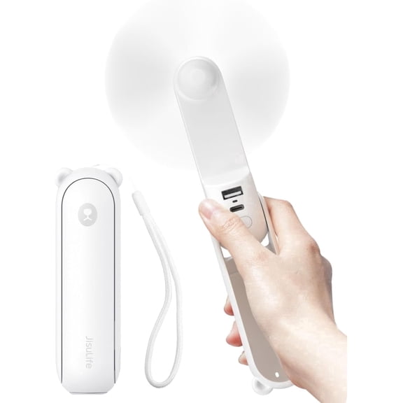 JISULIFE Mini Portable Fan, 3 in 1 Handheld Fan with 4500 mAh [20-37 use Hours], USB Rechargeable stadium fan with Power Bank, Flashlight, Foldable Pocket Fan for Travel, Makeup, Gift for Women-White