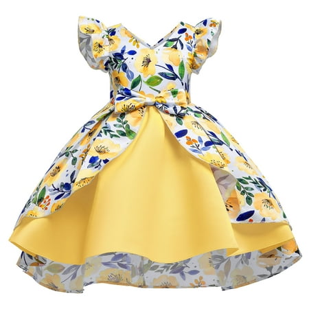 

ZIZOCWA Girls Summer Dresses Size 7 Child Girls Fly Sleeve Pageant Dress Birthday Party Kids Floral Prints Bowknot Gown Princess Dress Tween Dresses W Yellow110