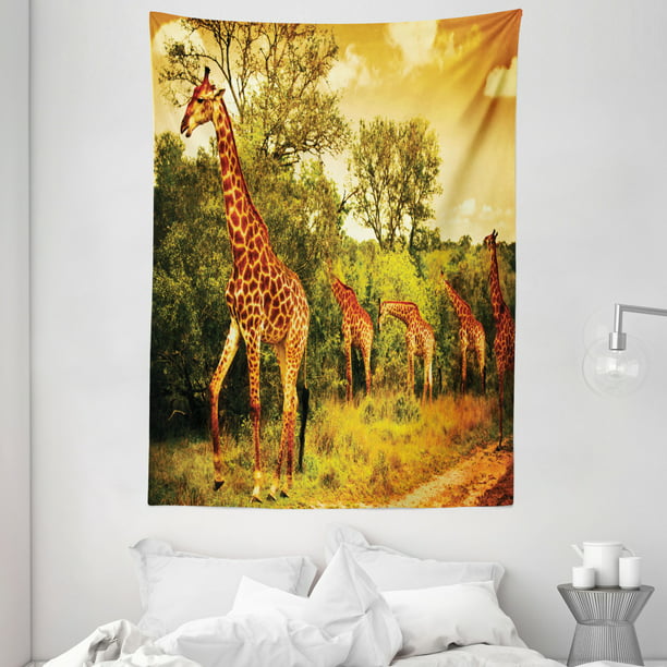 Giraffe Tapestry, African Safari Animals Walking in the Green Forest ...