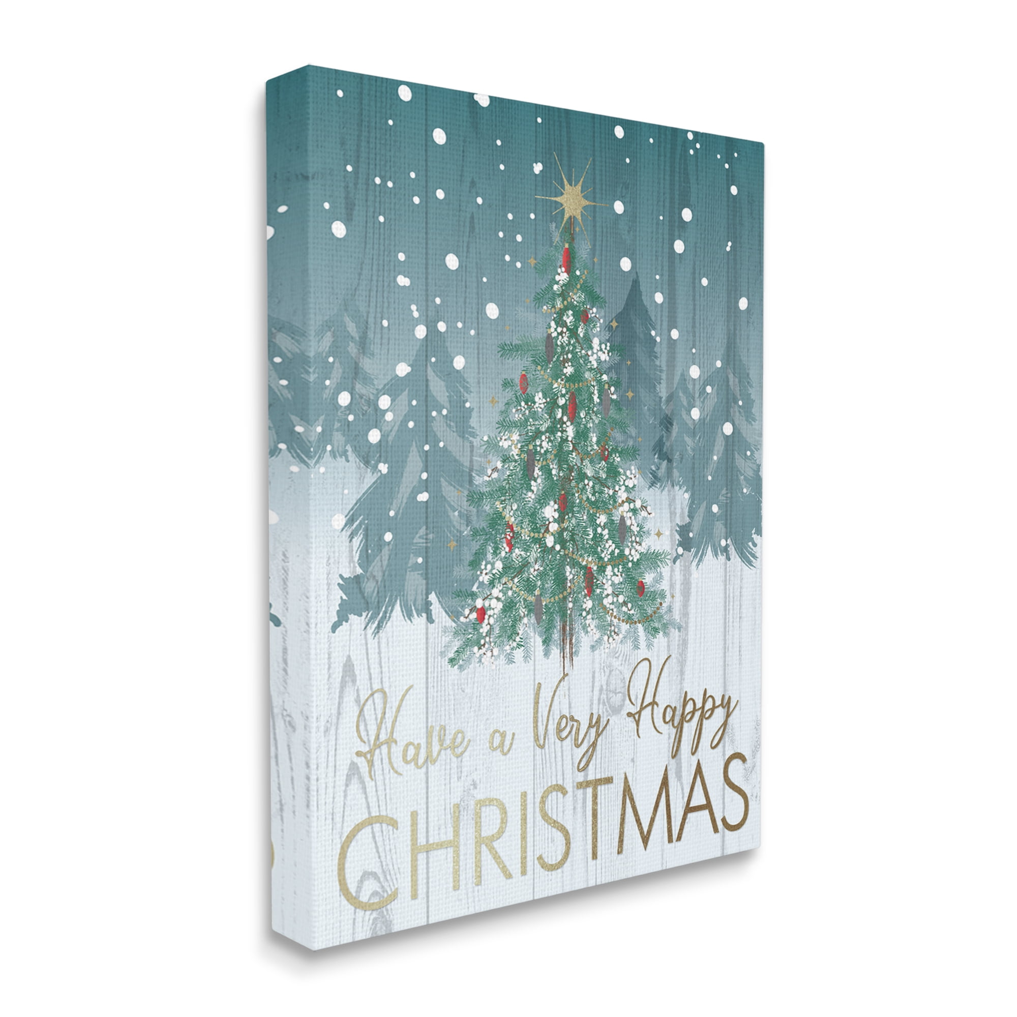 Happy Christmas Glam Detail Text Rustic Fir Tree Botanical & Floral Graphic Art Gallery-Wrapped Canvas Print Wall Art