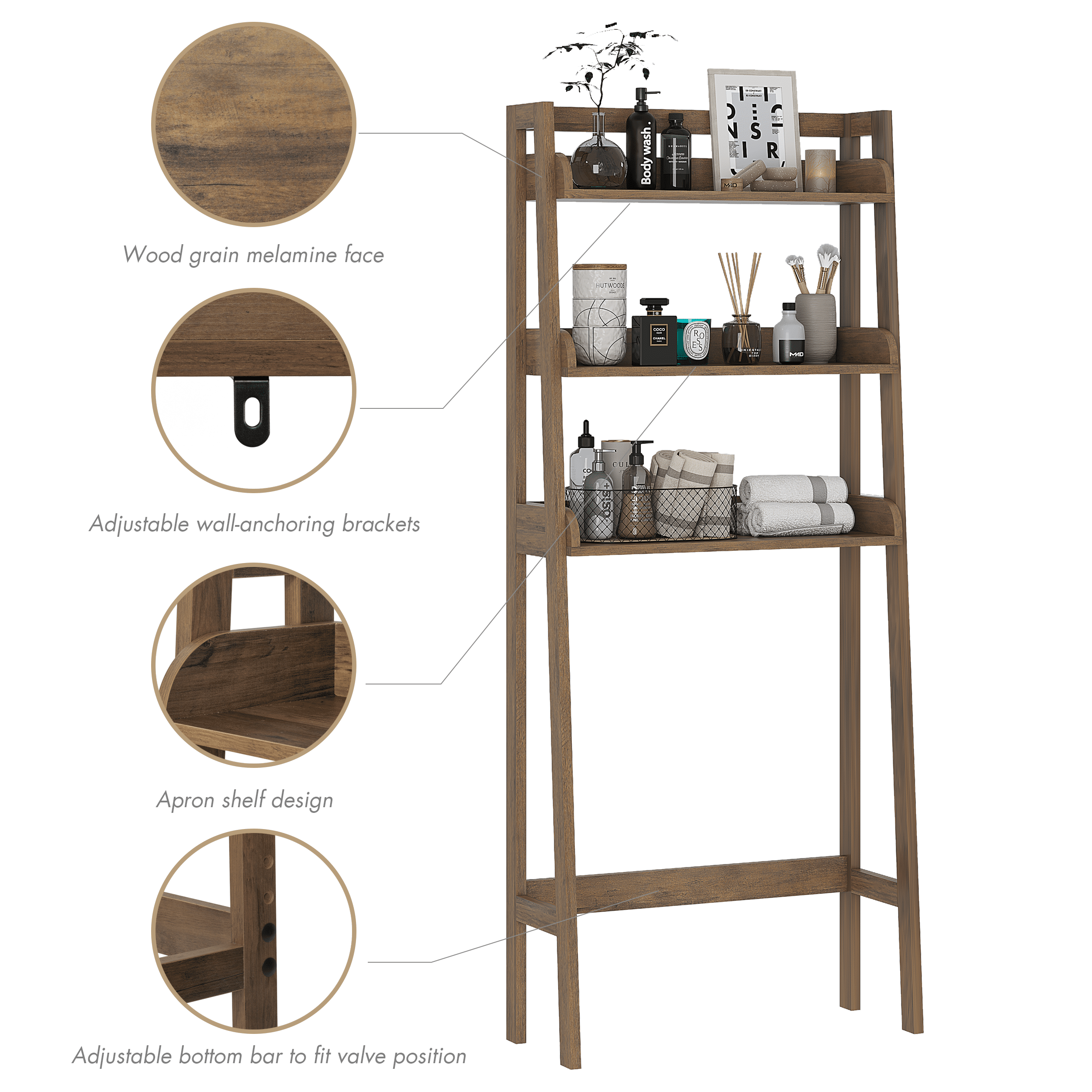 STAROUS 3-Shelf Bathroom Organizer Over The Toilet, Bathroom Spacesaver (Wood Grain)