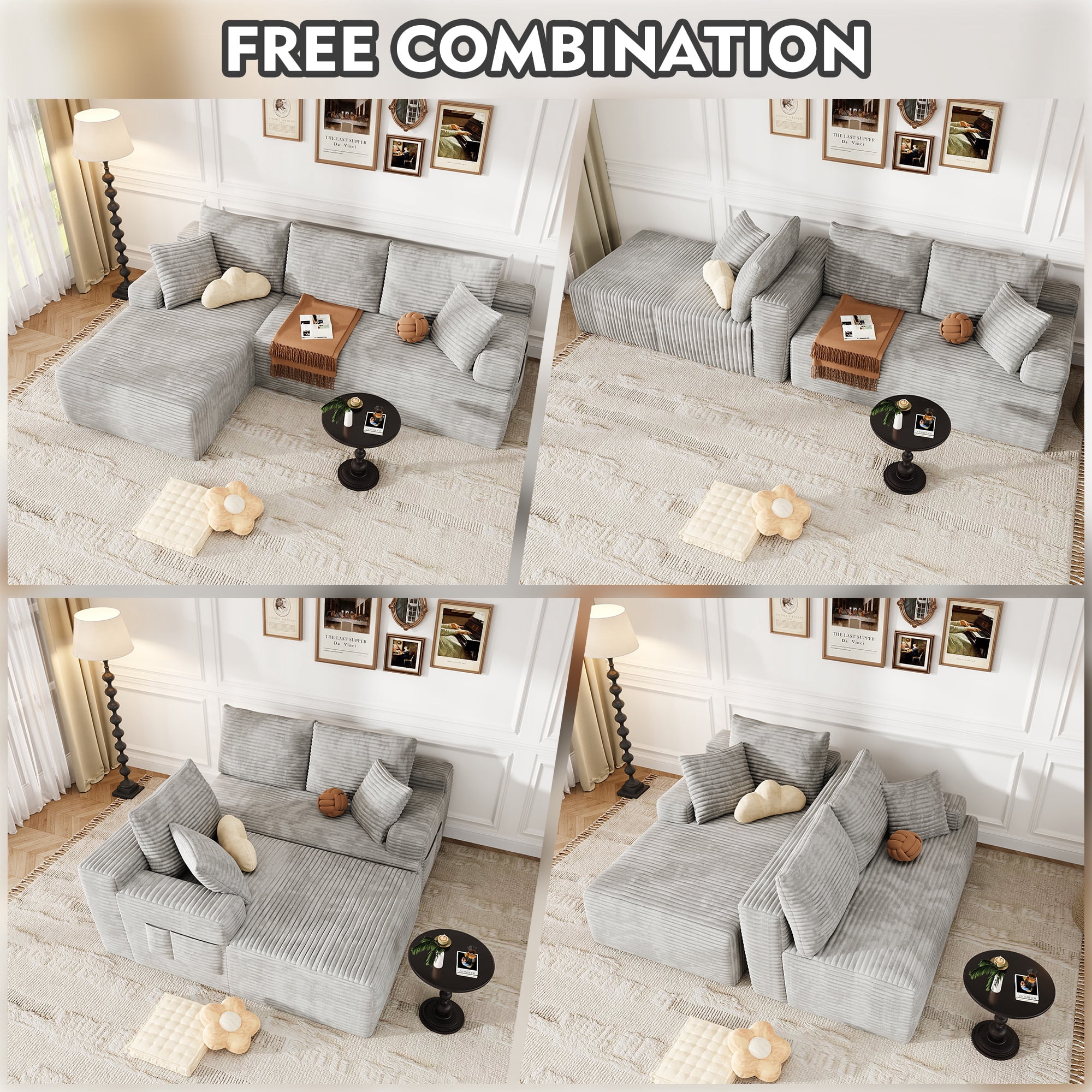 104" Modular L-Shaped Sectional Sofa, No Assembly Required Boneless Sofa with Chaise, High Resilience Foam & Corduroy Fabric, for Living Room Bedroom,(Oyster White)