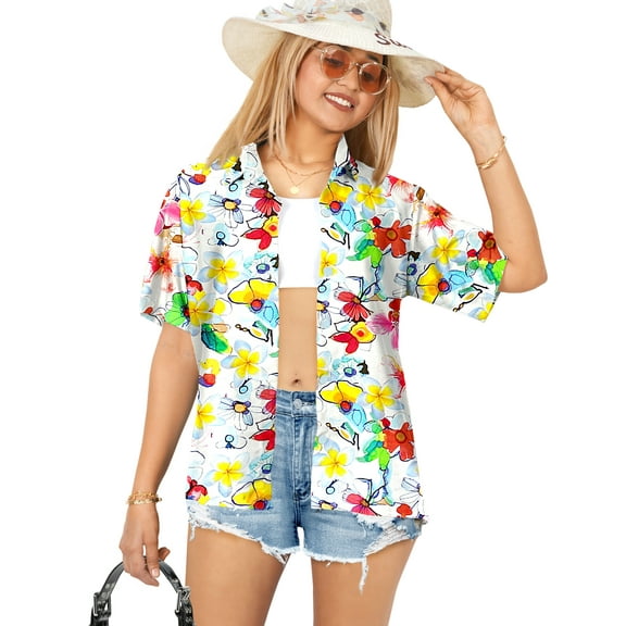 LA LEELA Button Down Shirt for Women Casual Summer Beach Party Short Sleeve Vacation Blouse Shirt Blouses Button up Dress Hawaiian Shirts for Women S Glass Paint, Multicoloured