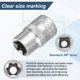 thumbnail image 4 of Uxcell 2pcs E-Torx Socket 3/8" Drive E14 Star Metric Socket 1.2" Length External Torx Shallow Sleeve 35K Alloy Steel Chrome 6 Point Spline Sleeve para Reparaciones de Autos, 4 of 7