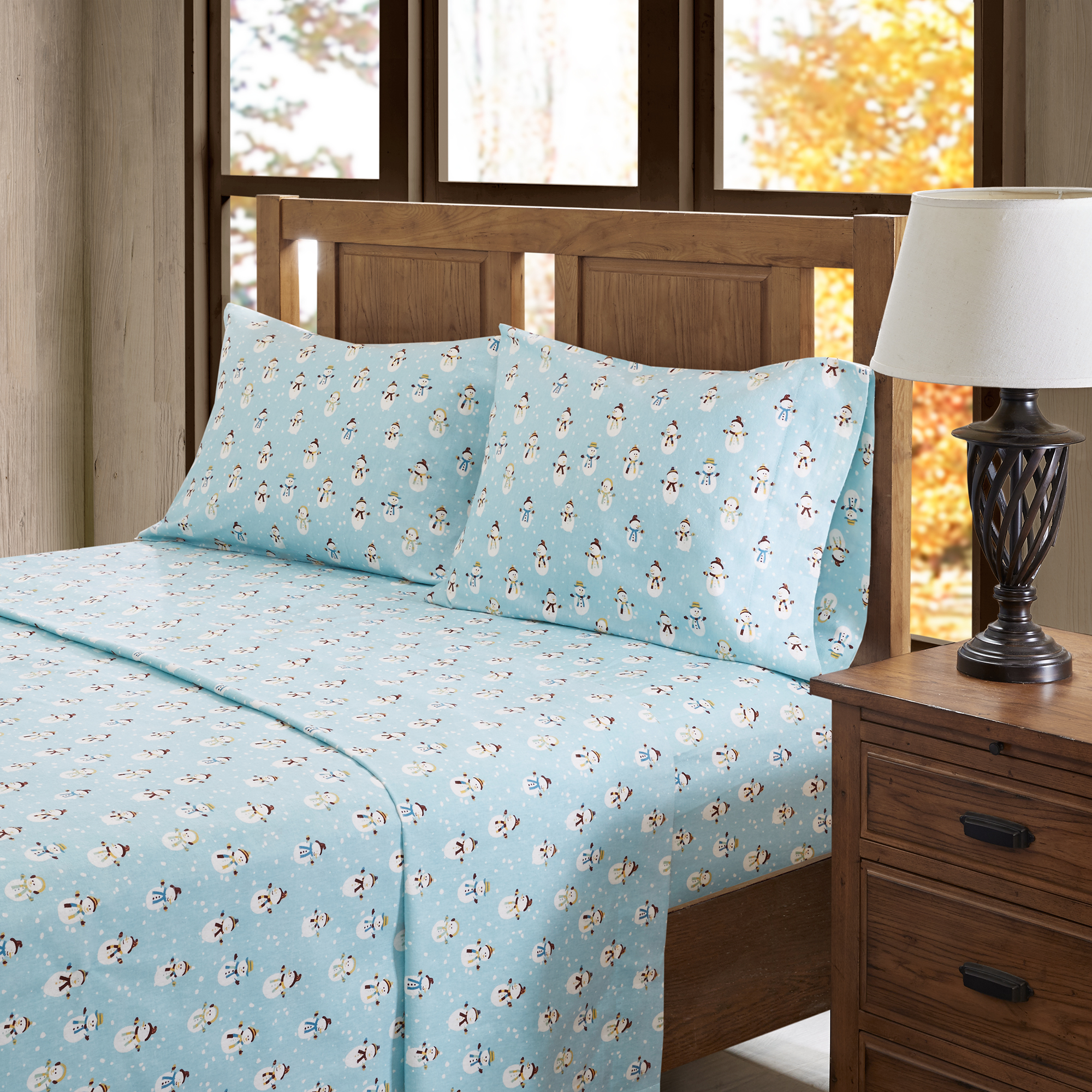 Comfort Classics Cozy Cotton Flannel Printed Blue Snowmen 4-Piece Sheet Set, King