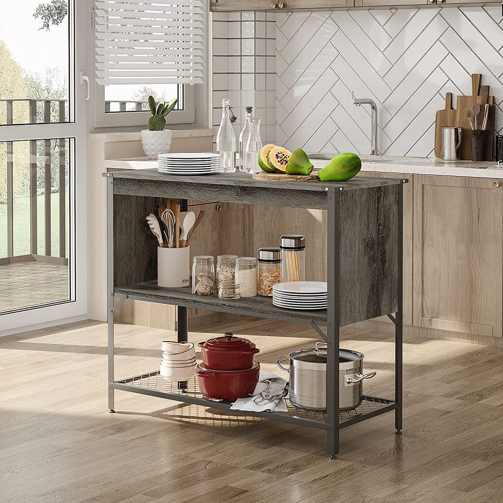 Bestier Farmhouse Kitchen Island with Storage, Portable Coffee Bar Shelf Console Table, Grey