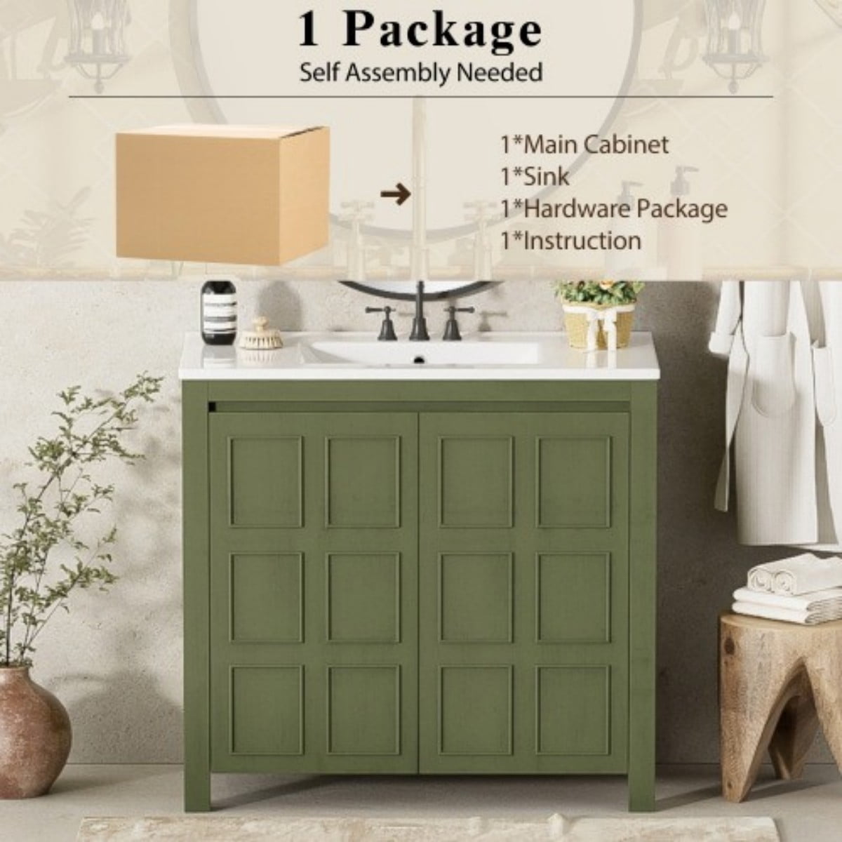 36" Bathroom Vanity with Ceramic Sink, Freestanding Bathroom Cabinet, Solid Wood Frame, Soft Close Doors, Vintage Olive Green Storage Organizer