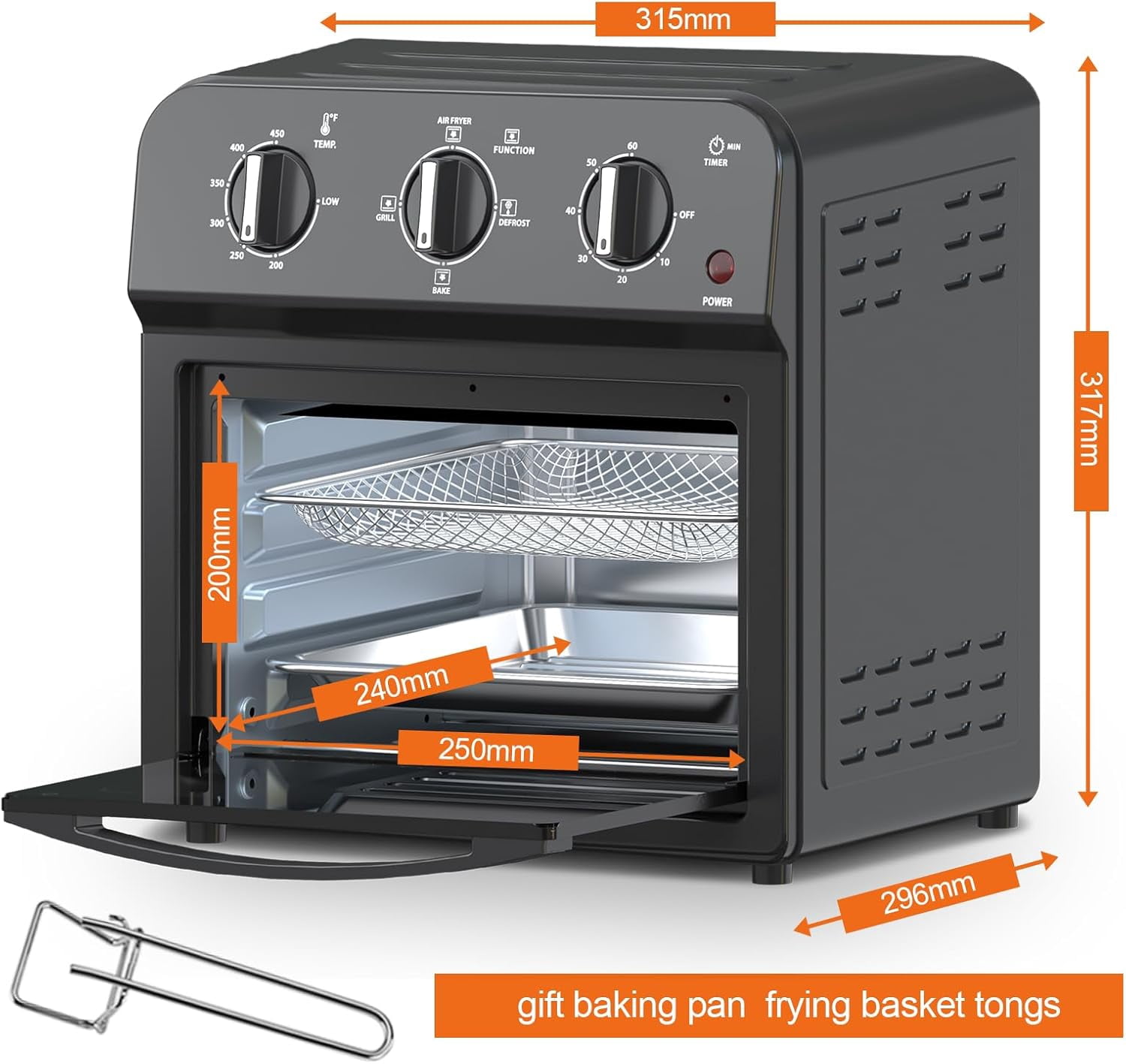 PlumChef 13 Quart 4 Slices Air Fryer Convection Toaster Oven, 1500W, Multifunction Oven for Roast, Bake, Grill, Broil, Toast,Black