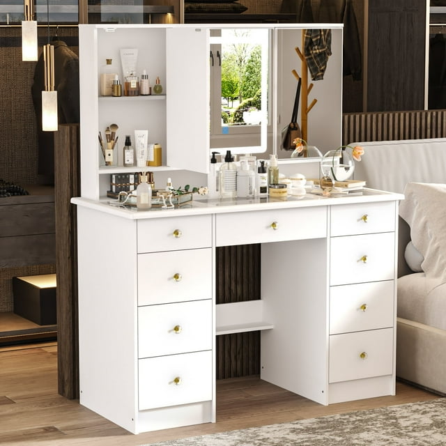 WIAWG Modern Adult Vanity Table Set with Glass Top&Mirror, LED Lights and 9 Drawers,White