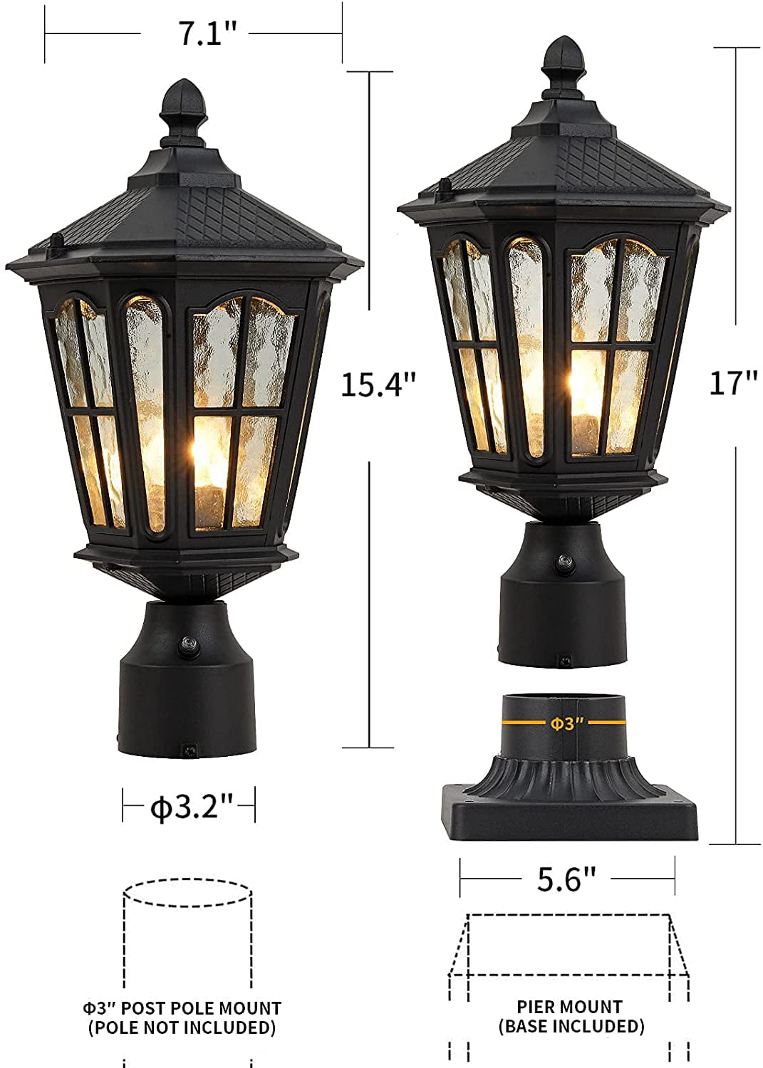 Kamileo Dusk to Dawn Post Light Outdoor with 3-Inch Pier Mount Base, 17''H Exterior  Post Light Fixture,Waterproof IP65 Classic Die Cast Aluminum with Water  Ripple Glass, E26 Base 60W Max,Matte Black -
