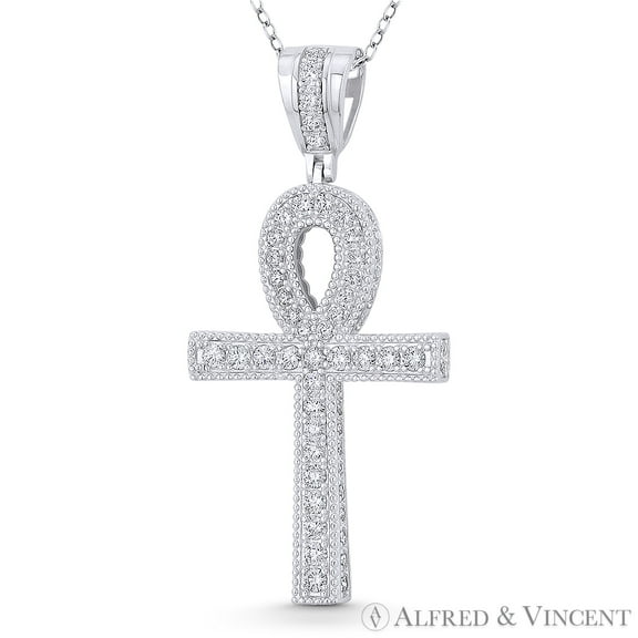 Egyptian Ankh Cross Key-of-Life Large Cubic Zirconia CZ Crystal Pave 53x20mm (2.1x0.8in) Pendant & Chain Necklace in .925 Sterling Silver w/ Rhodium