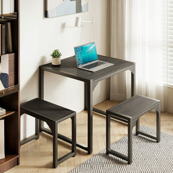 Aiho 2-Person Dining Table Set with Steel Frame – Kitchen Table & 2 Benches, Space-Saving Design for Small Spaces,Suitable for Restaurant & Living RoomBlack