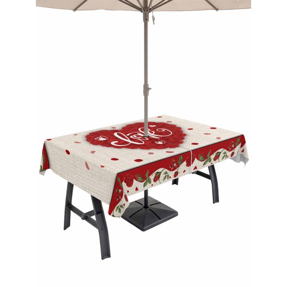 Outdoor Tablecloth with Umbrella Hole and Zipper, Red Valentine's Day Rectangle Table Cloth 60x102 Inch Waterproof Tablecloth, Love Heart Roses Romantic Rustic Picnic Table Cover for Patio Camping