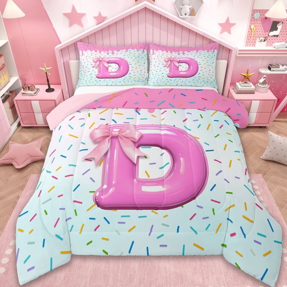 Erosebridal Personalized Gifts Bedding Sets Full with Comforter,Latter D Duvet Insert,Pink Bowtie Bow Comforter Sets Full Size,Lightweight Room Decoration Reversible,3pcs